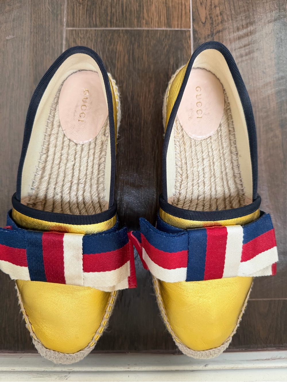 Gucci Yellow Metallic Espadrille Loafers with Red-Blue-White Ribbon